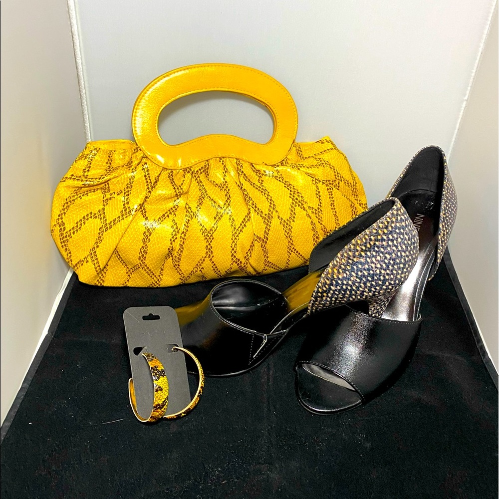 Bundle!!! Yellow snake purse, earrings and shoes!